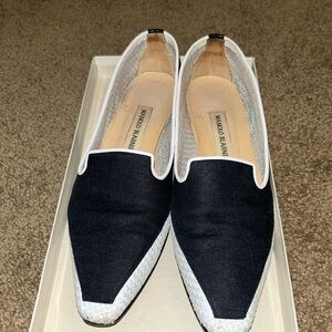 Manila Blahnik navy and white flats